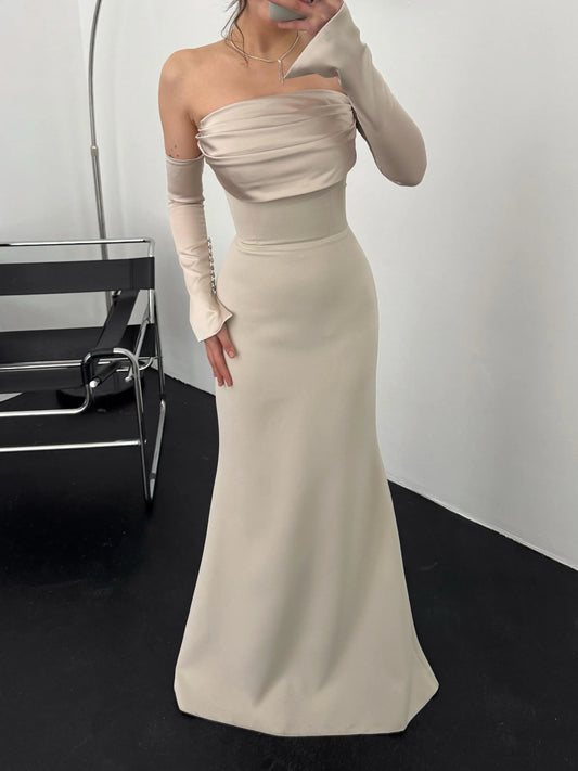 Alya Satin Stone Sleeve Evening Dress ARVERNA