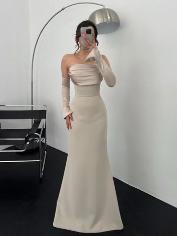 Alya Satin Stone Sleeve Evening Dress