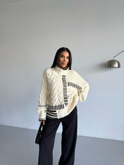 Crew Neck Long Sleeve Black Striped Sweater