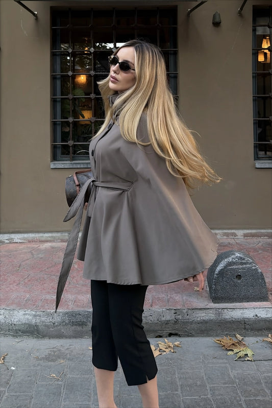 Elara Sand Belted Cape Jacket