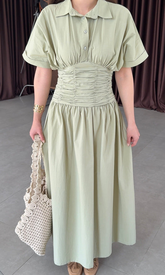 Mint Green Shirt Collar Draped Long Dress