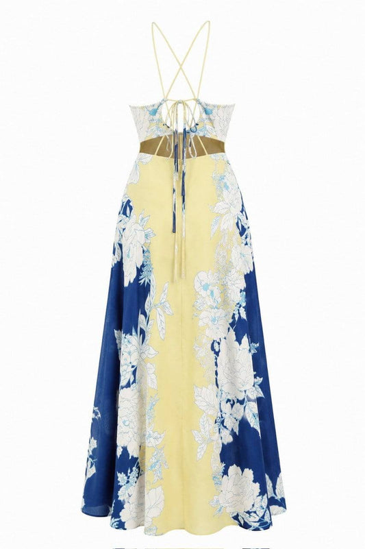 Yellow Positano Back-Tie and Floral Patterned Linen Dress