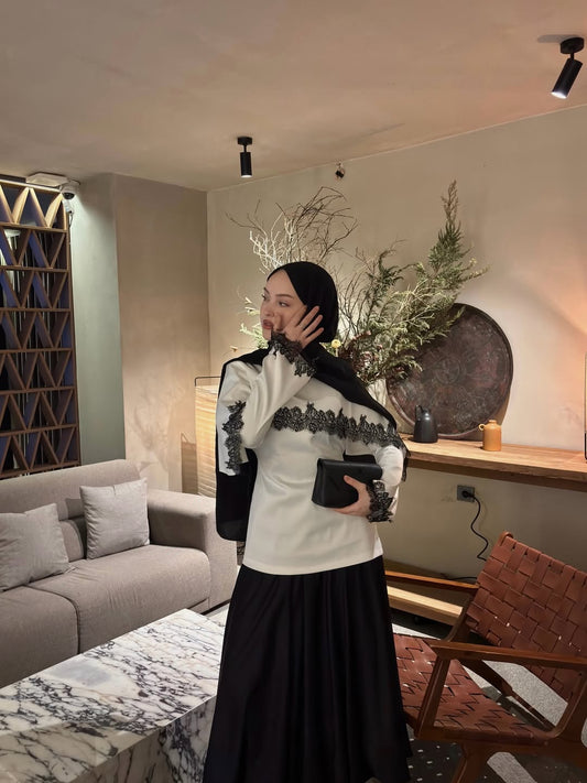 LACE EMBROIDERED CAPE SATIN BLOUSE