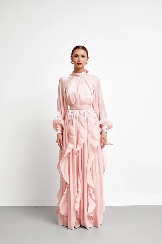 High Neck Ruffle Satin Chiffon Maxi Length Pink Dress