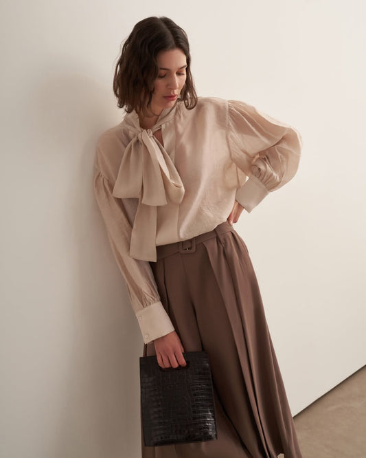 Neckline Tie-Up Balloon Sleeve Blouse