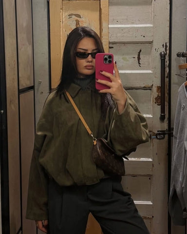 Model Khaki Bomber Suede Jacket
