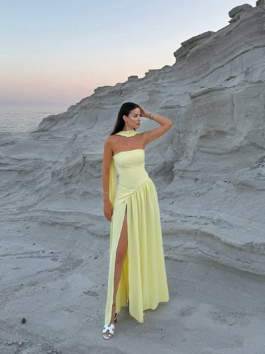 Yellow Trendy Scarf Strapless Dress ARVERNA