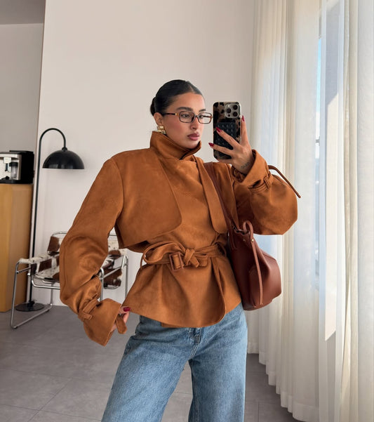 Cinnamon Suede with Double-Breasted Belt Detail Jacket
