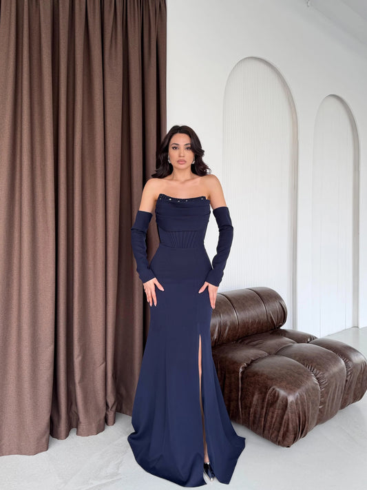 Lina's Embellished Evening in Navy Blue Dress