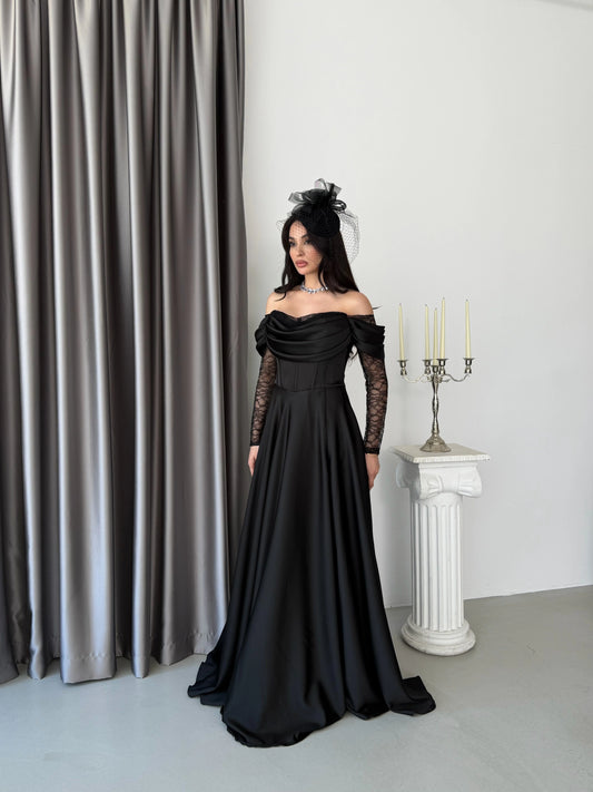 Royal Black Evening with Lace Details Dress