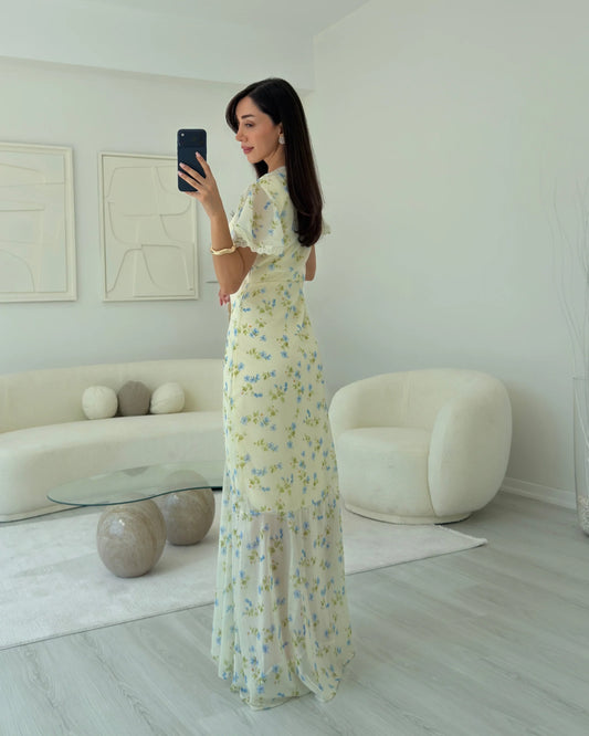 Casual Dresses Yellow Floral V Neck Mermaid Maxi Dress