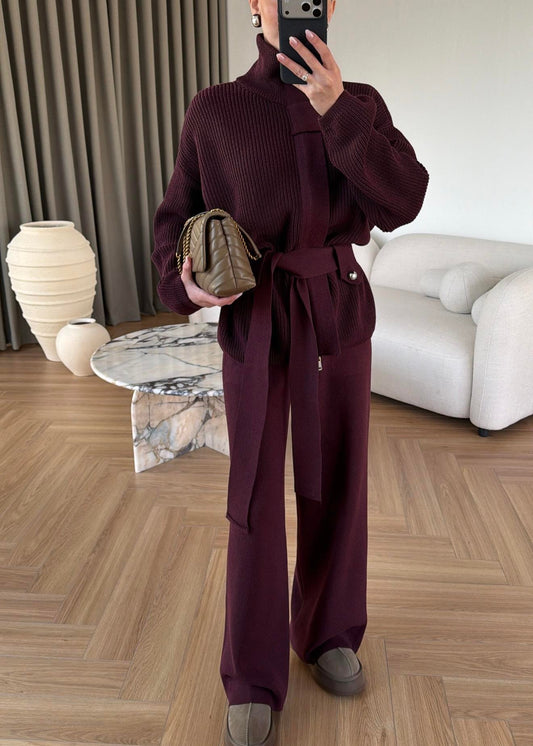 STAND-UP COLLAR BELTED KNITWEAR SET