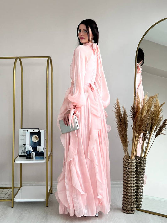 High Neck Ruffle Satin Chiffon Maxi Length Pink Dress