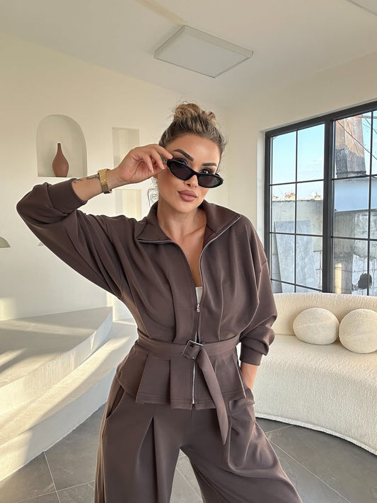 WIDE LEG WITH BELT DETAIL BROWN SET