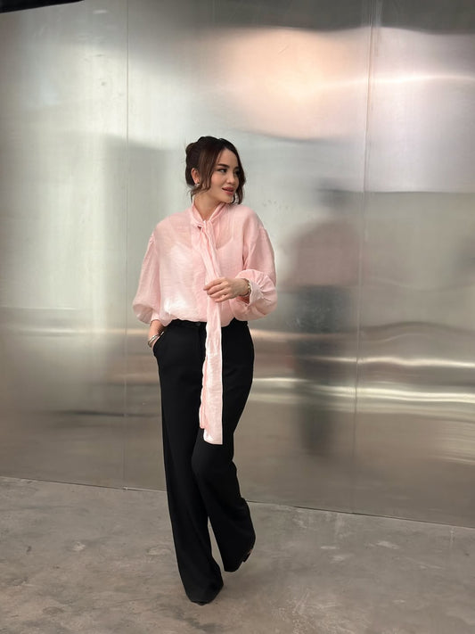 Neckline Tie-Up Balloon Sleeve Blouse