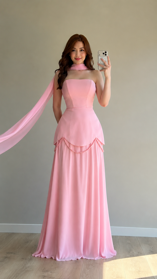 Bridgerton Shawl Pearl Embellished Pink Evening Dress