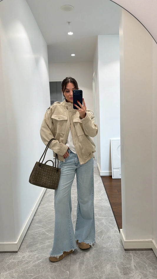 BEIGE SUEDE EPALLET BOMBER JACKET