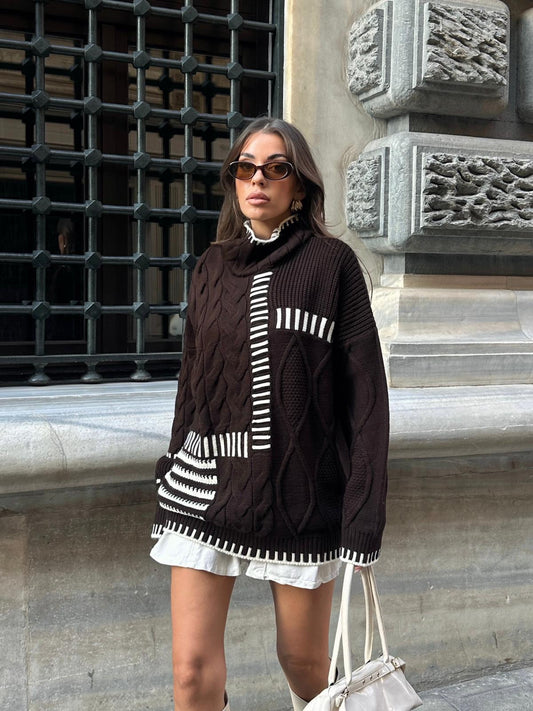 Crew Neck Long Sleeve Brown Striped Sweater