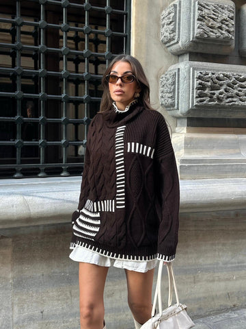 Crew Neck Long Sleeve Brown Striped Sweater