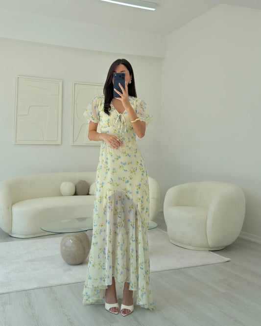Casual Dresses Yellow Floral V Neck Mermaid Maxi Dress