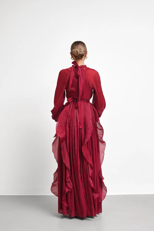High Neck Ruffle Satin Chiffon Maxi Length Bordo Dress