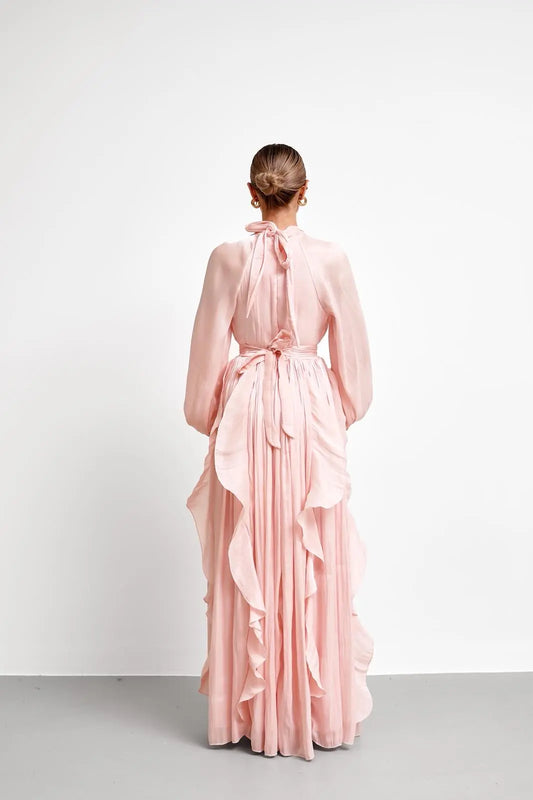 High Neck Ruffle Satin Chiffon Maxi Length Pink Dress