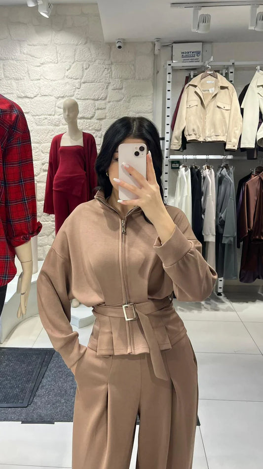 WIDE LEG WITH BELT DETAIL BEIGE SET