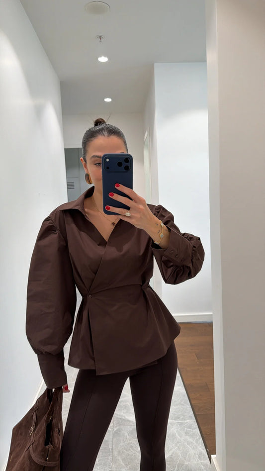 Brown Wrapped Pleated Sleeve Detail Shirt
