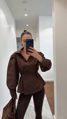 Brown Wrapped Pleated Sleeve Detail Shirt