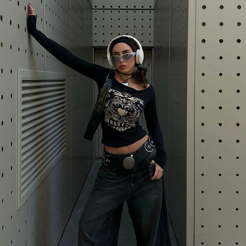 Black Vintage MoodyGirl Off Shoulder Long Sleeve Crop