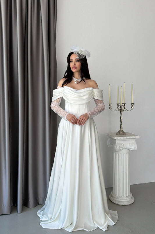 Royal White Evening with Lace Details Dress