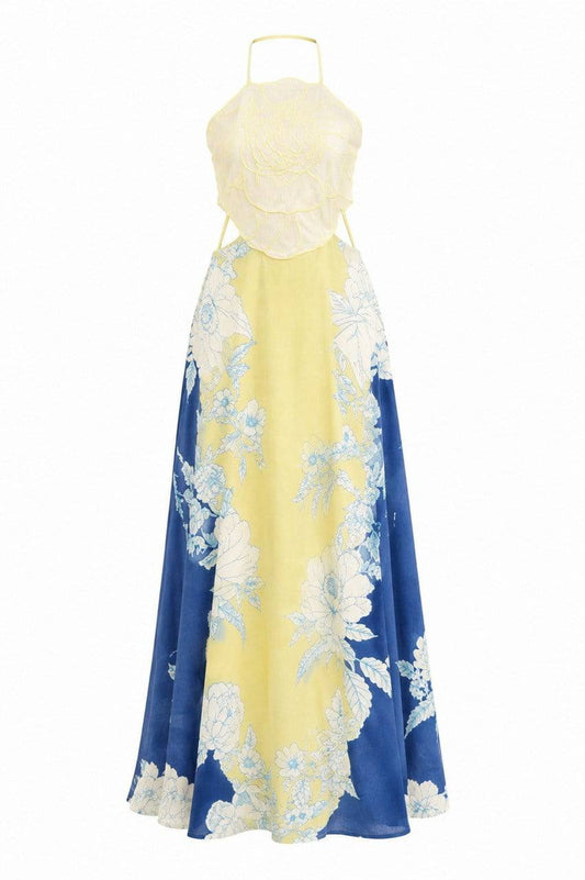 Yellow Positano Back-Tie and Floral Patterned Linen Dress