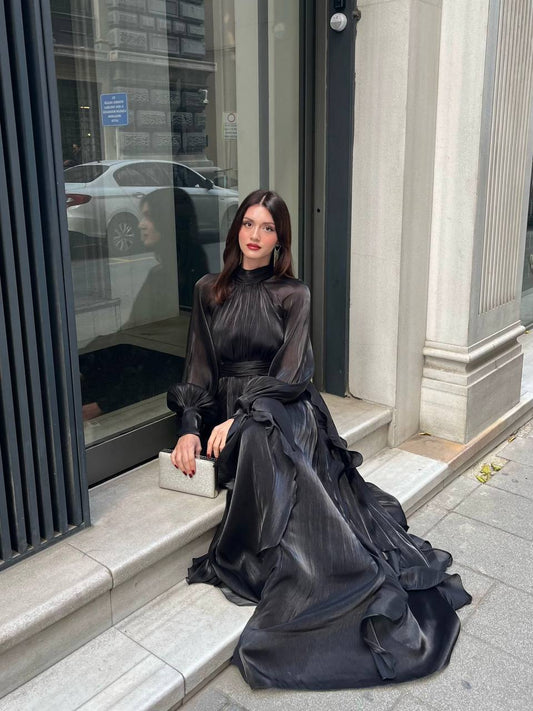 High Neck Ruffle Satin Chiffon Maxi Length Black Dress