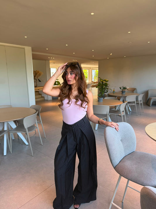 BLACK STRIPED FOLDED TAILORED TROUSERS