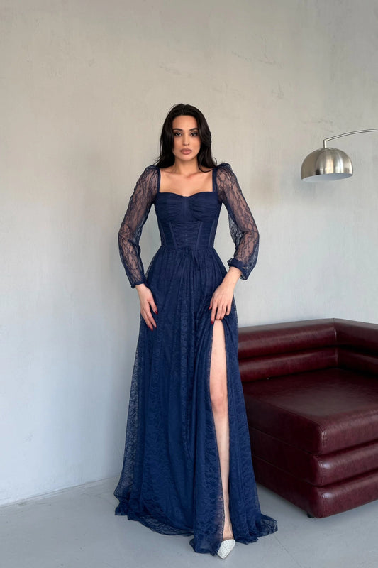 Romance Navy Blue Lace Evening Dress