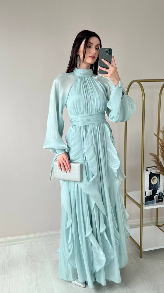 High Neck Ruffle Satin Chiffon Maxi Length Mint Dress
