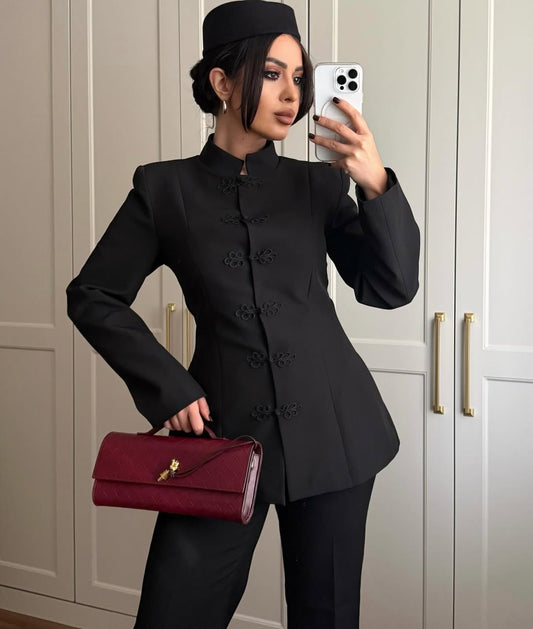 Black Mandarin Collar Two-Piece Set