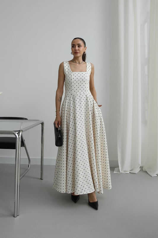 Beige Polka Dot with Back Tie Detail Dress