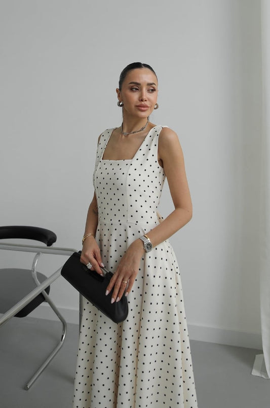 Beige Polka Dot with Back Tie Detail Dress
