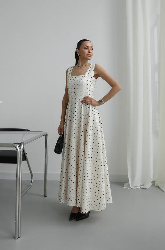 Beige Polka Dot with Back Tie Detail Dress