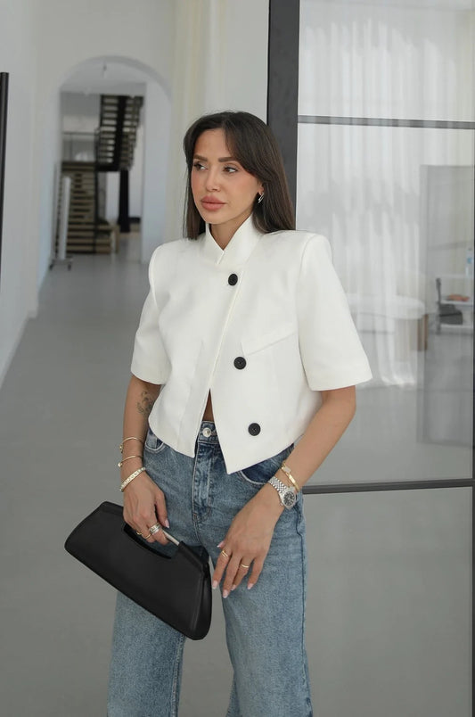 White Short-Sleeved Crop Blazer Jacket