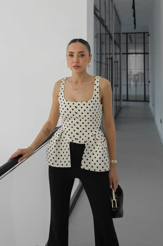 Beige Strappy Polka Dot Blouse