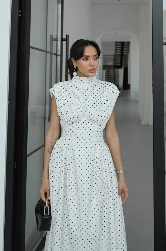 White Padded Waist-Fitted Polka Dot Dress