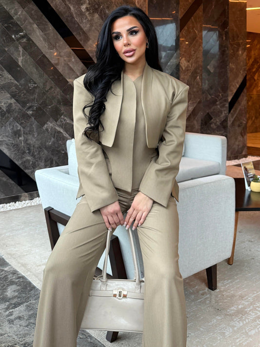 Elegant Khaki Beige 2 Piece Suit