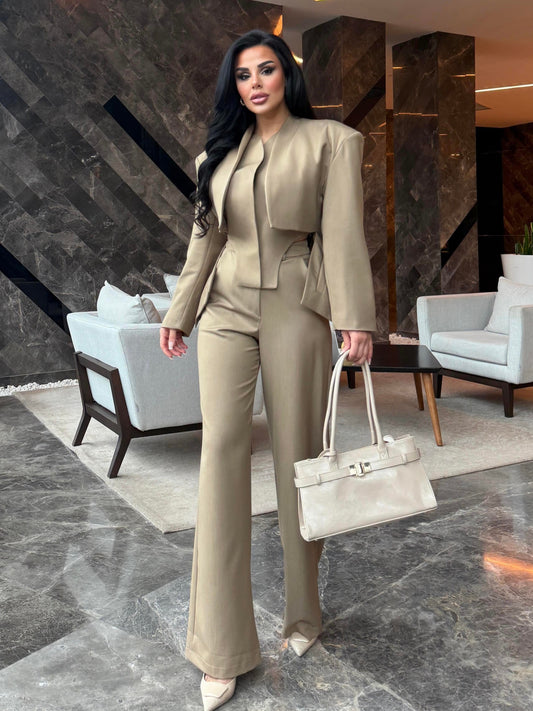 Elegant Khaki Beige 2 Piece Suit