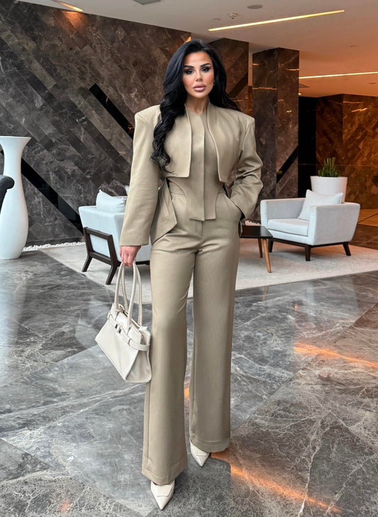 Elegant Khaki Beige 2 Piece Suit