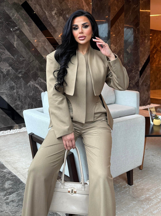 Elegant Khaki Beige 2 Piece Suit