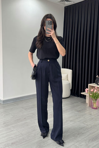 Navy Blue Gold Buttoned Pleated Palazzo Trousers