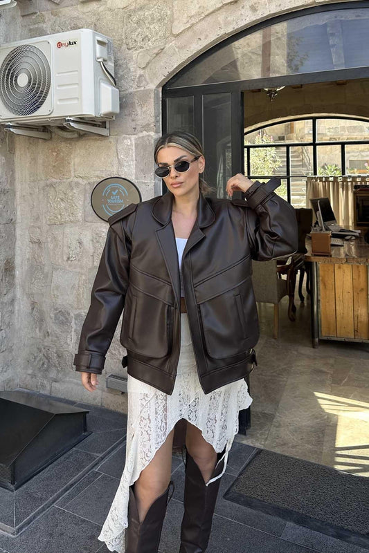 BITTER BROWN OVERSIZED PREMIUM LEATHER JACKET