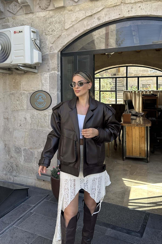 BITTER BROWN OVERSIZED PREMIUM LEATHER JACKET